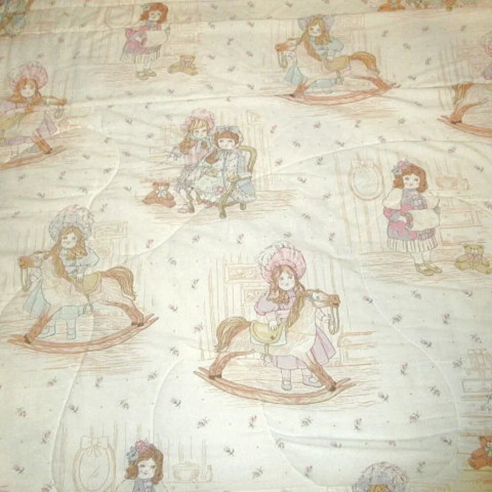 Vtg Victorian Doll Crib Quilt Toddler Bed Reversible Horse Bear Girl Friends